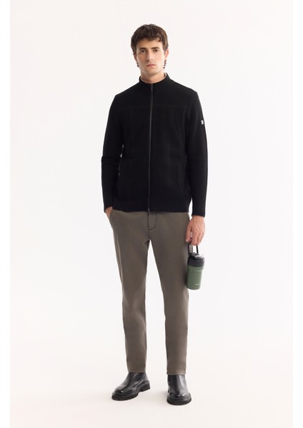Erkek Siyah Dik Yaka Fermuarlı Yün Karışımlı Dokulu Regular Fit Hırka A52Y5044