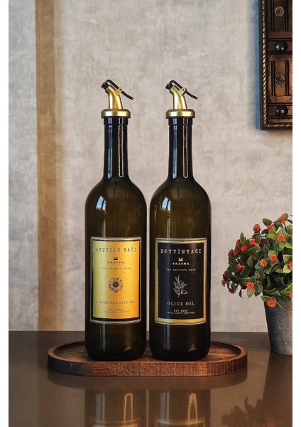 Doğal Ahşap Standlı 2'li 750 ml Amber Gold Yağ Şişesi Seti