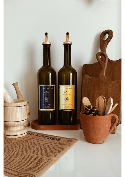 Doğal Ahşap Standlı 2'li 750 ml Amber Gold Yağ Şişesi Seti