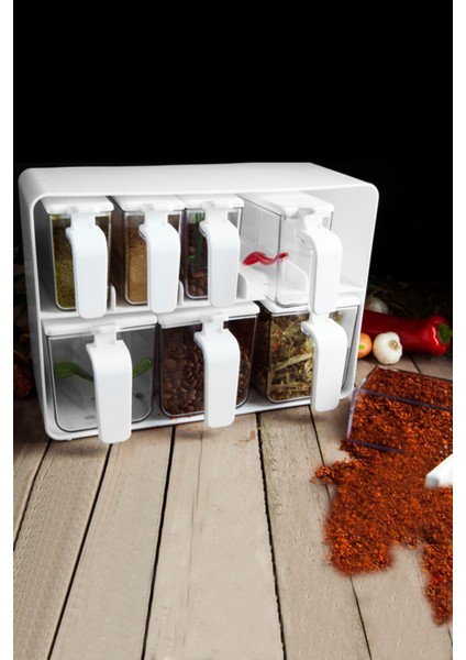 Beyaz 8'li Standlı Baharatlık Seti, Şık ve Kullanışlı Mutfak Aksesuarı