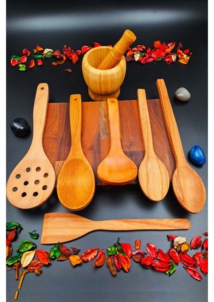 El Işçiliği 8'li Doğal Ahşap Mutfak Seti, Servis ve Pişirme Araçları
