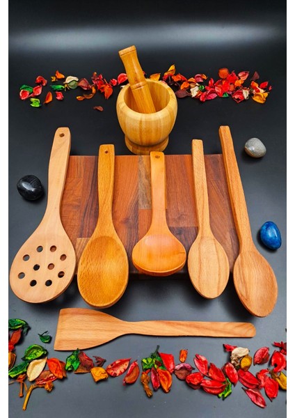 El Işçiliği 8'li Doğal Ahşap Mutfak Seti, Servis ve Pişirme Araçları modelleri