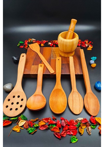 El Işçiliği 8'li Doğal Ahşap Mutfak Seti, Servis ve Pişirme Araçları