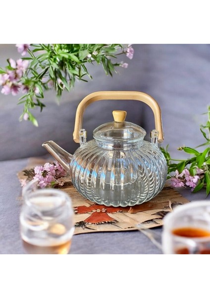 Isıya Dayanıklı Borosilikat Cam Demlik, 1000 Ml, Bambu Saplı, Süzgeçli, Çay ve Bitki Demleme