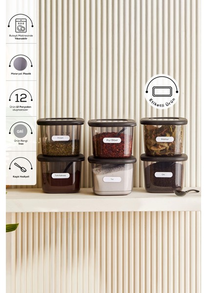 Gri Renkli 6'lı Baharat Seti, Hediye Kaşık ile Şık ve Kullanışlı Tasarım