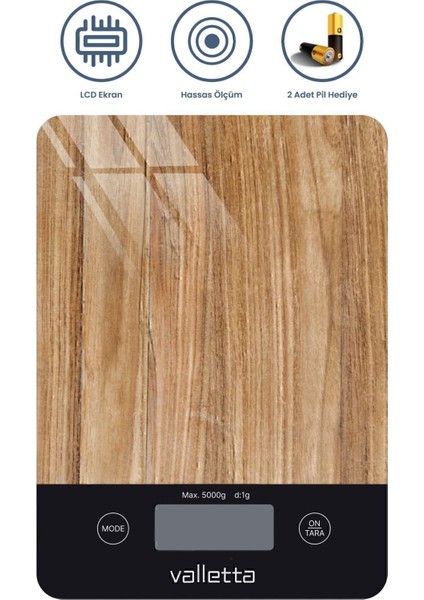 Ahşap Desenli Dijital Mutfak Tartısı 5 Kg, Pil Hediyeli, LCD Ekranli