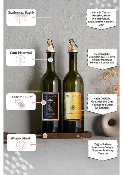 Ahşap Standlı 750 ml Amber Altın Renkli Zeytinyağı Şişesi Çiftli Set fiyatları