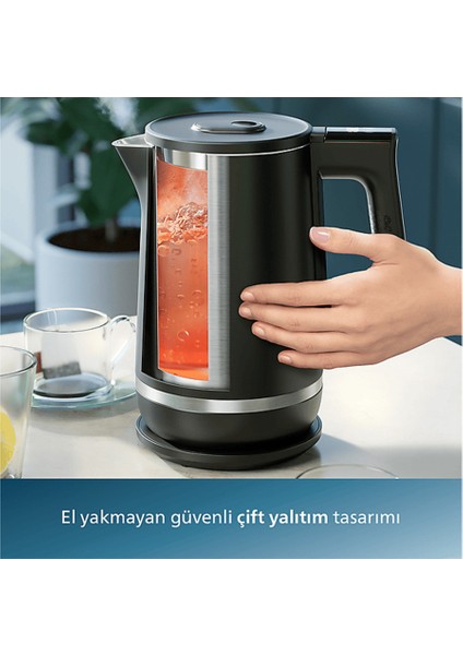 7000 Serisi Çift Yalıtımlı Su Isıtıcısı, 1,7 Lt, Yaylı Kapak, Hızlı Kaynatma, Siyah