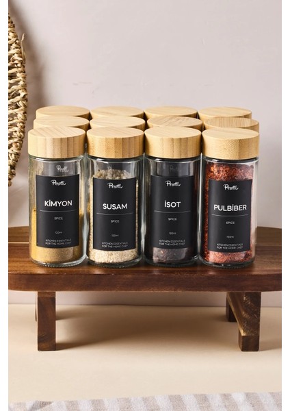 Ahşap Kapaklı Baharatlık Seti 12'li 120ML + 30 Etiketli, Şık ve Kullanışlı Tasarım