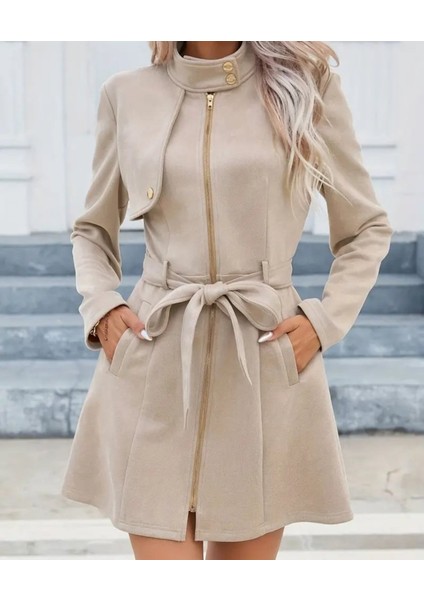 Kadın Uzun Kollu Boyundan Düğmeli Fermuarlı Beli Kuşaklı Süet Ceket
