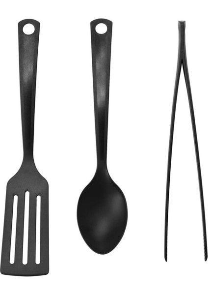 3 Parça Mutfak Gereçleri Seti, Kaşık, Spatula ve Maşa, Siyah