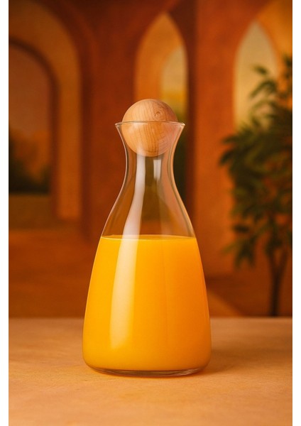 Şeffaf Ahşap Kapaklı Cam Karaf 1700 Ml, Şık ve Dayanıklı Içecek Şişesi