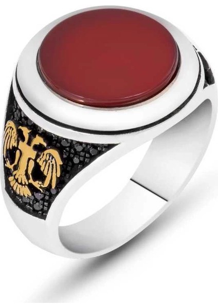 Gümüş Akik Taşlı Çift Başlı Kartal Erkek Yüzük