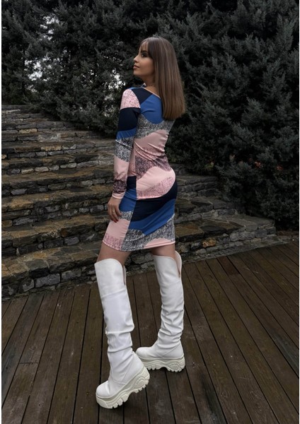 Kadın Uzun Kollu Tek Omuzu Askı Toka Detaylı Kısa Dalgıç Elbise