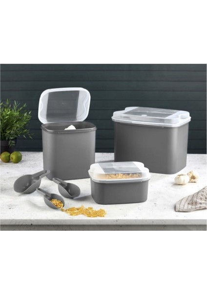 Gri Saklama Kabı Seti 10L+4.5L+1.6L Kürek Hediyeli, Pratik ve Şık Tasarım