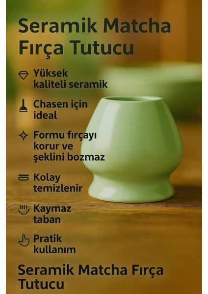 Yeşil Seramik Matcha Çayı Fırçası ve Tutucu, Doğal Bambu Tasarımı, Köpürtücü Set indirimleri