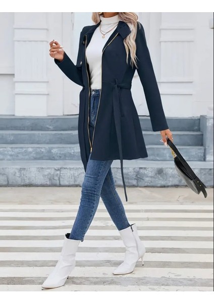 Kadın Uzun Kollu Boyundan Düğmeli Fermuarlı Beli Kuşaklı Süet Ceket fırsatları