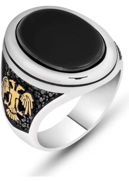Gümüş Siyah Taşlı Çift Başlı Kartal Erkek Yüzük