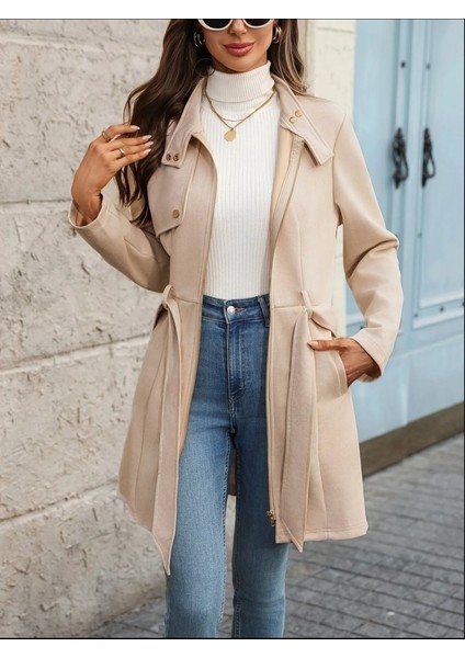 Eyesof Kadın Uzun Kollu Boyundan Düğmeli Fermuarlı Beli Kuşaklı Süet Ceket fiyatları