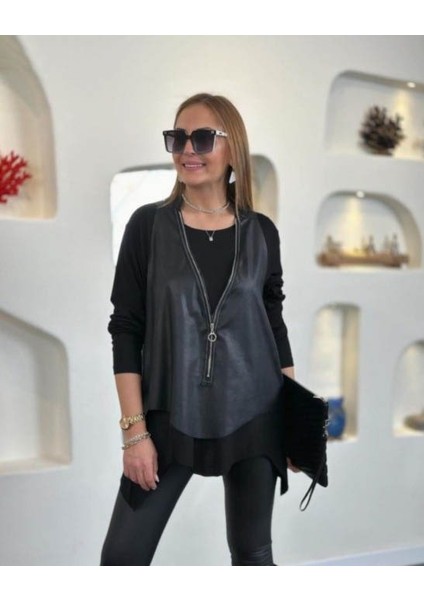 Kadın Uzun Kollu Asimetrik Kesim Viskon Bluz ve Çatlak Deri Görünümlü Yelek Ikili Takım