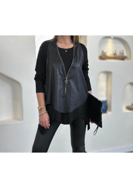 Kadın Uzun Kollu Asimetrik Kesim Viskon Bluz ve Çatlak Deri Görünümlü Yelek Ikili Takım fiyatları