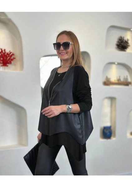 Kadın Uzun Kollu Asimetrik Kesim Viskon Bluz ve Çatlak Deri Görünümlü Yelek Ikili Takım modelleri