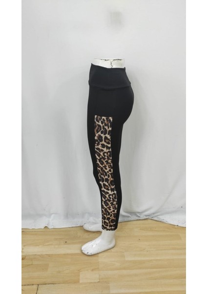 Kadın Yüksek Bel Leopar Desen ve Cep Detaylı Dalgıç Tayt