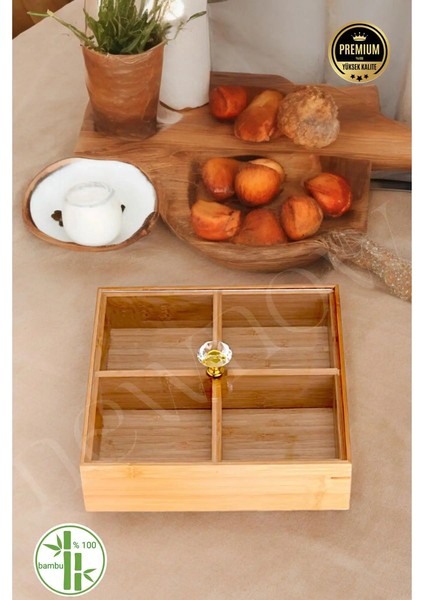 4 Bölmeli Bambu Çerezlik, Kapaklı, Kahvaltılık, Akrilik, 24 Cm, Şık ve Kullanışlı