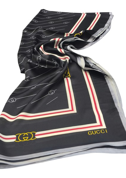 Monogram Desen Vual Ipek Şal Siyah