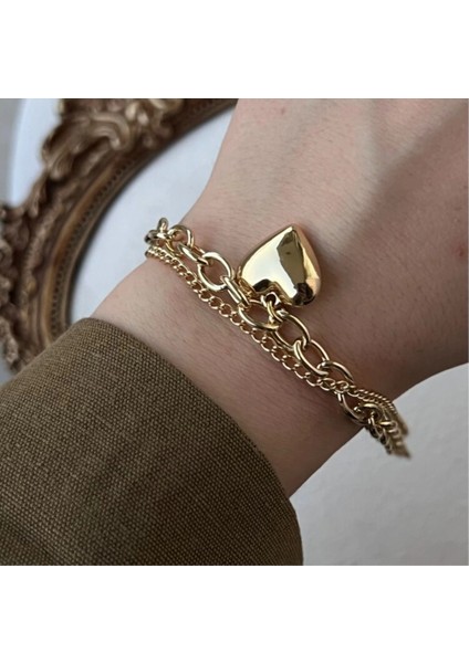 Xuping 14K Renkli Kaplama Kalpli Çift Zincir Bileklik