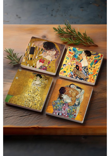 Sanat Temalı 4'lü Taş Bardak Altlığı Seti, Zarif ve Şık Dekorasyon Hediye