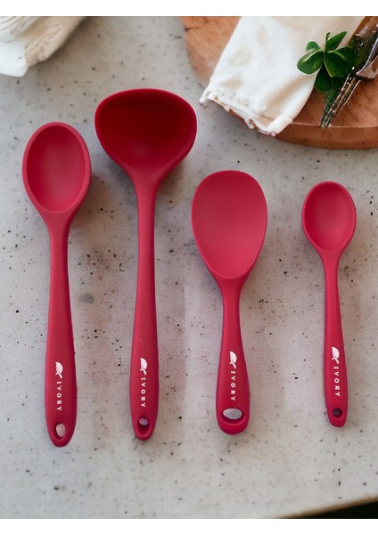 Silikon Kepçe ve Kaşık Seti, 4 Parça, Isıya Dayanıklı, Pembe, 20-28CM