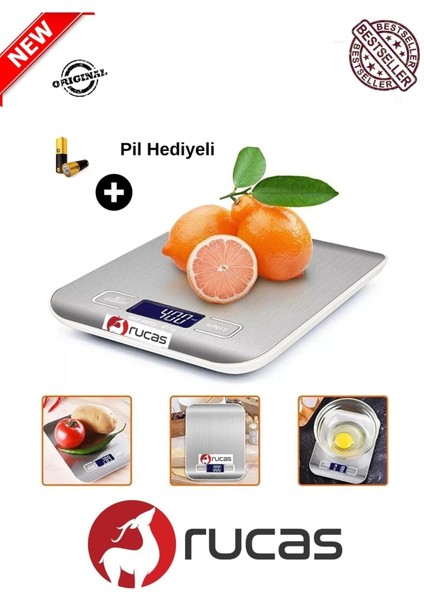 Hassas Dijital Mutfak Terazisi 5 Kg, Paslanmaz Çelik, Pil Hediyeli