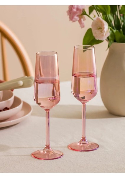 Pembe Cam Ayaklı Su ve Kahve Yanı Bardağı 2'li Takım