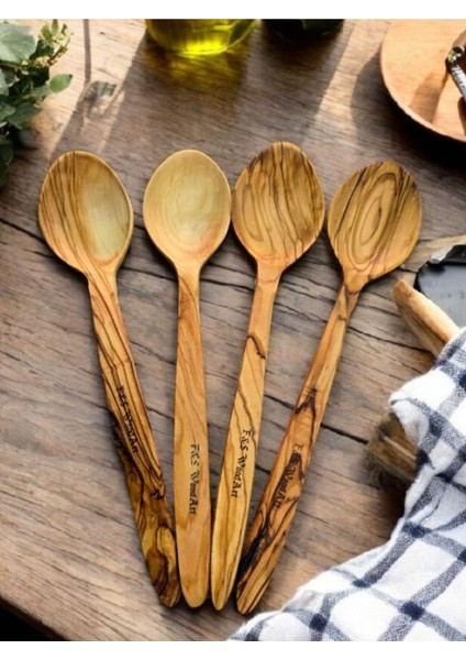 4 Adet 22 cm Zeytin Ağacı Tahta Çocuk Yemek Kaşığı Seti