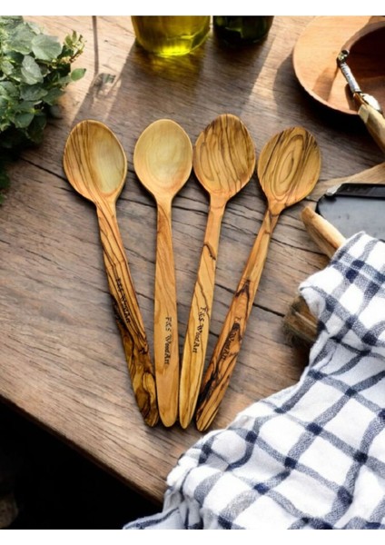 4 Adet 22 cm Zeytin Ağacı Tahta Çocuk Yemek Kaşığı Seti modelleri