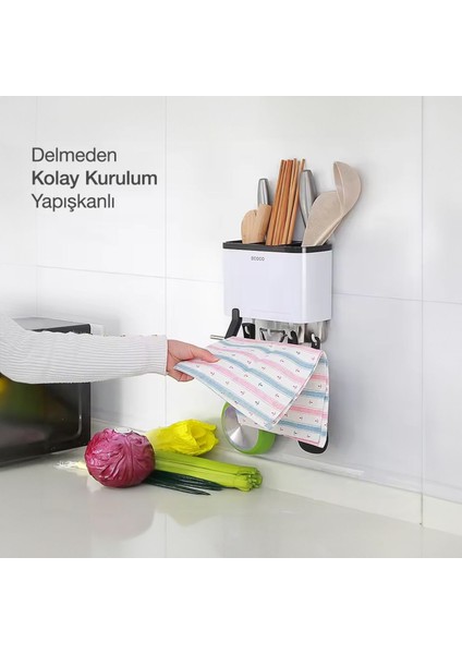 Beyaz Duvara Yapışkanlı Çatal Kaşık Bıçak Düzenleyici