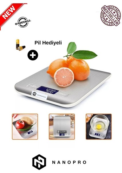 Hassas Dijital Mutfak Terazisi 5 kg Paslanmaz Çelik Pil Hediyeli