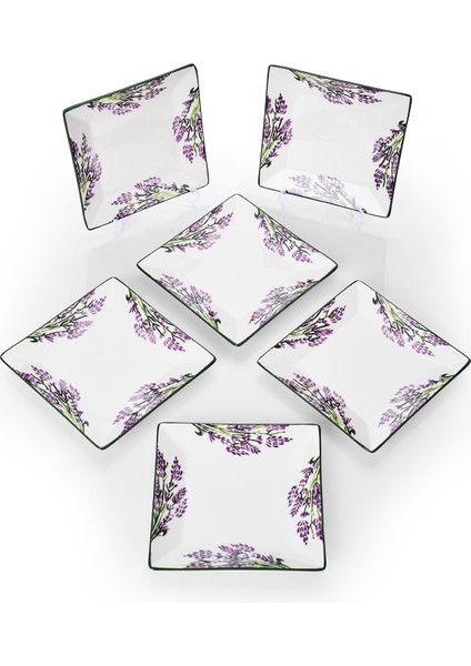 6'lı Renkli Lavanta Desenli Tatlı Tabak Seti, Sunum ve Servis Için 15 cm modelleri