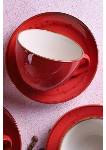 Kırmızı 4 Parça 2 Kişilik Jumbo Boy 300 ml Porselen Cappuccino Latte Fincan Takımı