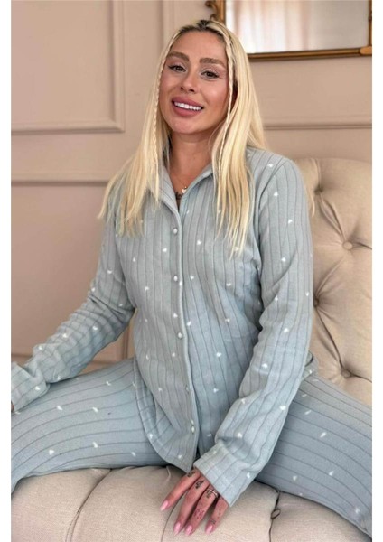 Mint Jantung Desenli Önden Düğmeli Peluş Polar Pijama Takımı