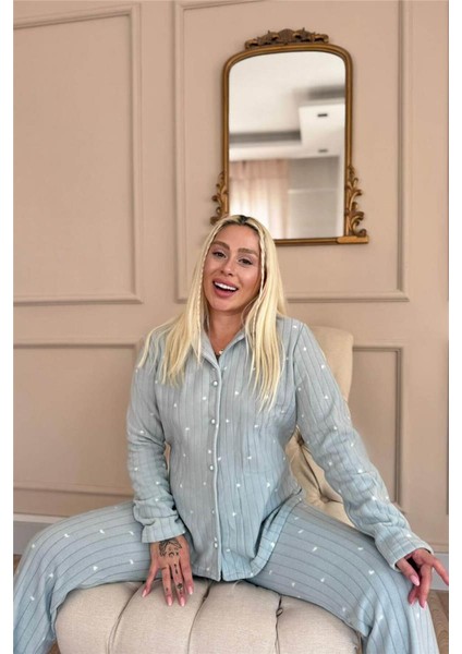 Mint Jantung Desenli Önden Düğmeli Peluş Polar Pijama Takımı fiyatları