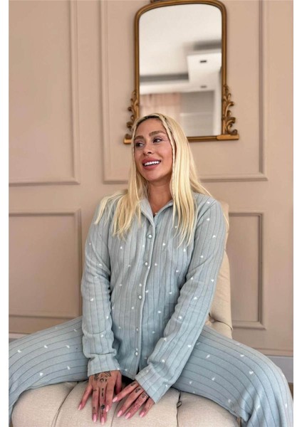 Mint Jantung Desenli Önden Düğmeli Peluş Polar Pijama Takımı modelleri