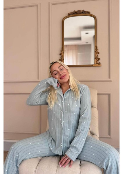 Mint Jantung Desenli Önden Düğmeli Peluş Polar Pijama Takımı fırsatları
