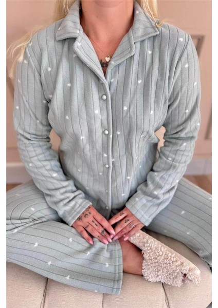 Mint Jantung Desenli Önden Düğmeli Peluş Polar Pijama Takımı indirimleri