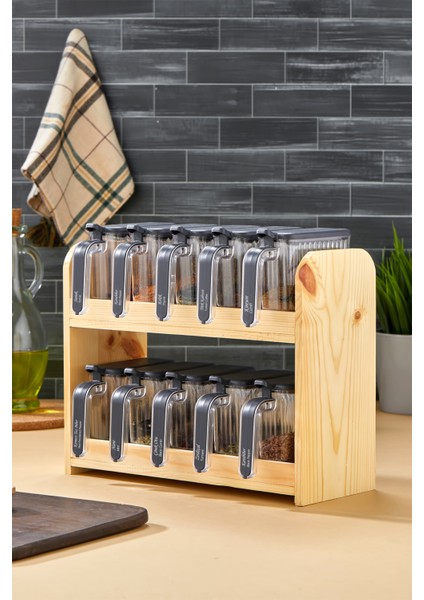 Şık 10'lu Ahşap Standlı Kapaklı Baharatlık Takımı (Siyah)