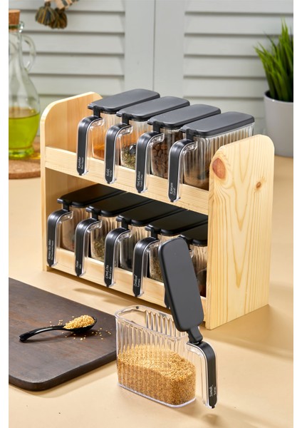 Şık 10'lu Ahşap Standlı Kapaklı Baharatlık Takımı (Siyah) fiyatları