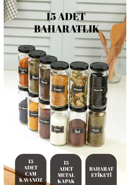 15 Parça Cam Baharat Kavanozu Seti, Metal Kapak ve Baharat Etiketi Hediyesi