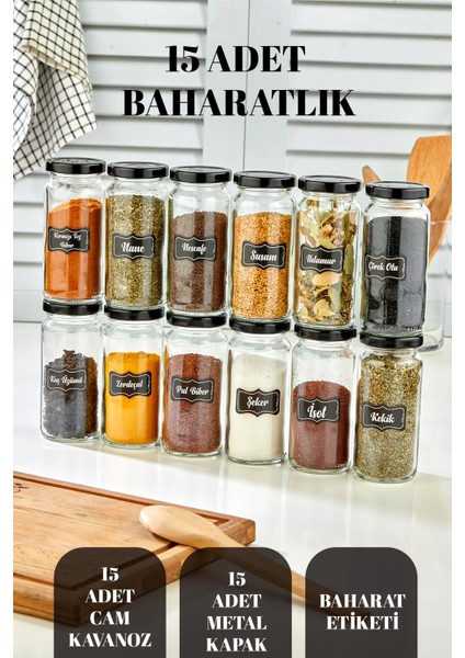 15 Parça Cam Baharat Kavanozu Seti, Metal Kapak ve Baharat Etiketi Hediyesi fiyatları