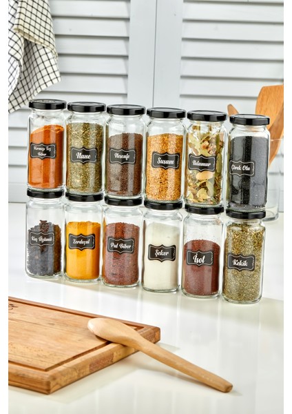 15 Parça Cam Baharat Kavanozu Seti, Metal Kapak ve Baharat Etiketi Hediyesi